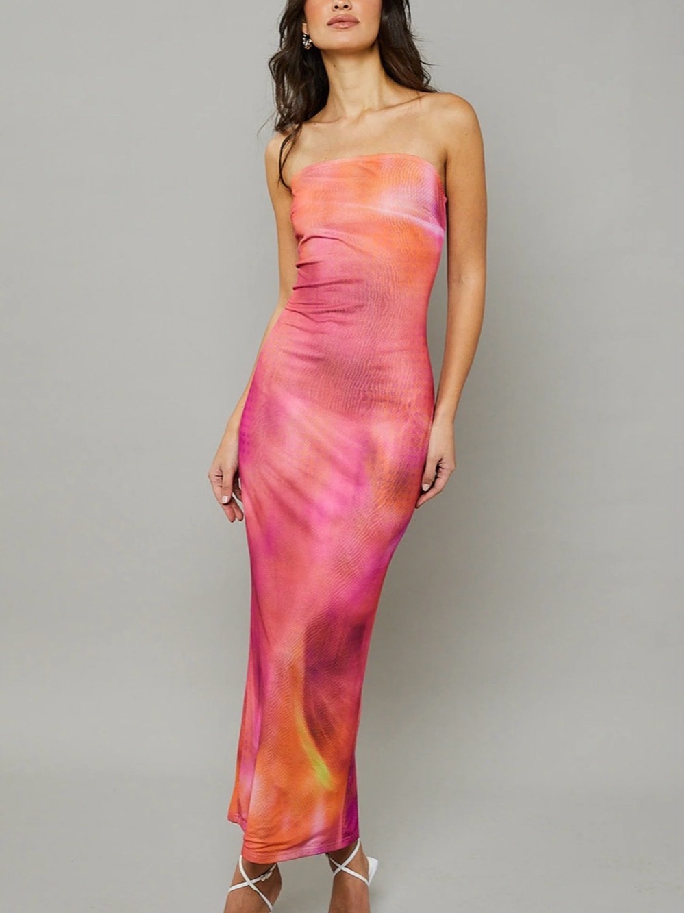 Rare London Strapless Pink-Orange Tie-Dye Dress